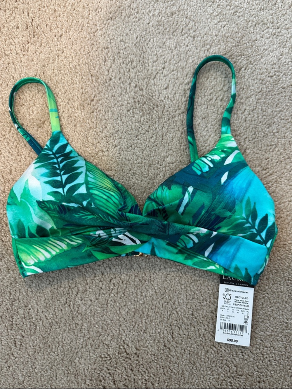 🆕 Ralph Lauren Green & Teal Tropical-Print Bikini Top